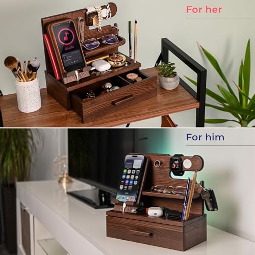 TESLYAR Wood Phone Docking Station with Drawer - Nightstand Organizer - Desk Organizer for Husband - Birthday Gifts for Men, Dad, Anniversary Idea, Key Holder Stand Watch & Accessories (Bourbon Brown) - Image 4