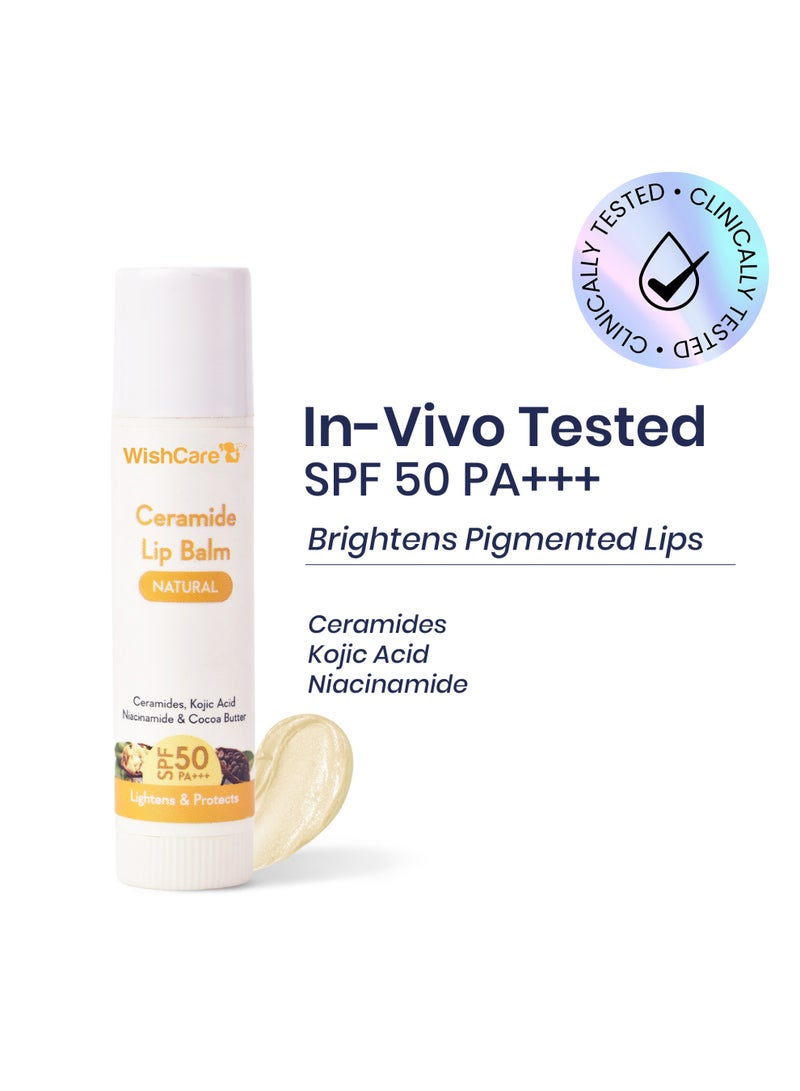 WishCare Ceramide Lip Balm with SPF 50 PA+++ | Brightening Lip Balm for Dark Lips | Kojic Acid & Niacinamide | For Men & Women | Natural & Untinted - Image 1