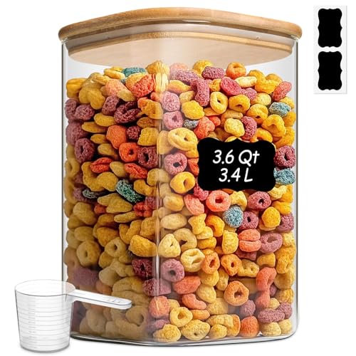 ComSaf 3.6Qt Glass Food Storage Containers, Cereal Storage Containers with Airtight Lids, Large Square Glass Jars with Bamboo Lids, for Rice, Pasta, Oats, Grains, Coffee Beans - Image 1