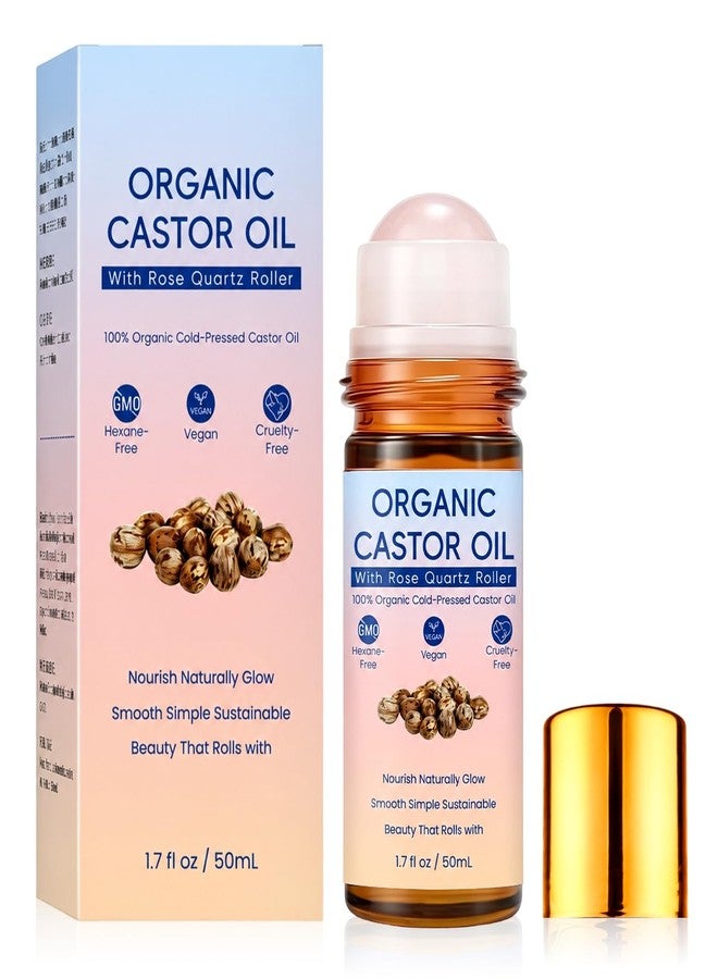 Organic Castor Oil Roll On with Rose Quartz Roller, 100% Pure Cold-Pressed Organic Castor Oil, Hexane-Free, for Brows, Lashes, Dry Skin & Face - Image 1