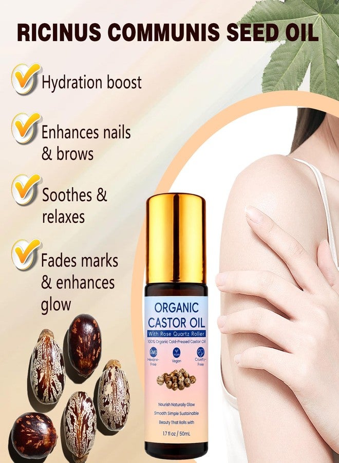 Organic Castor Oil Roll On with Rose Quartz Roller, 100% Pure Cold-Pressed Organic Castor Oil, Hexane-Free, for Brows, Lashes, Dry Skin & Face - Image 2
