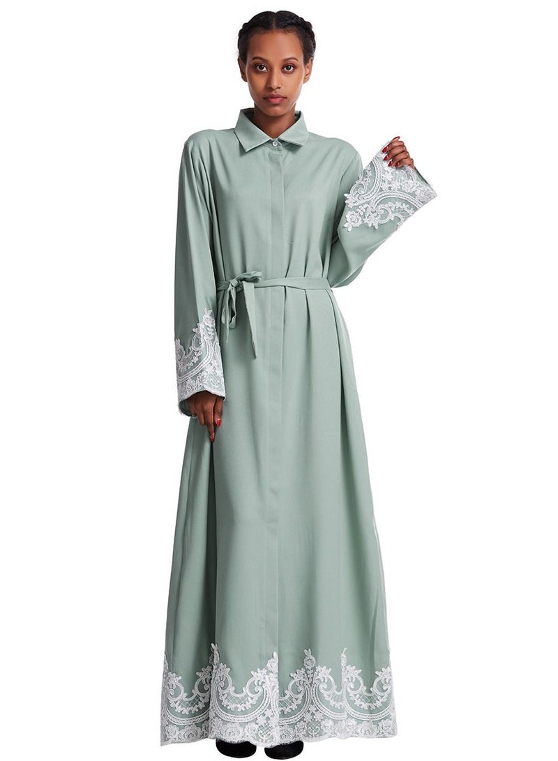 Loquat Woman's Lace Applique Shirt Collar Maxi Dress Long Sleeve Robe Dusty Green - Image 1