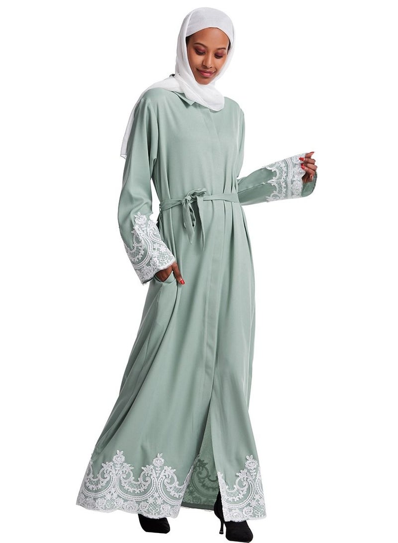 Loquat Woman's Lace Applique Shirt Collar Maxi Dress Long Sleeve Robe Dusty Green - Image 2