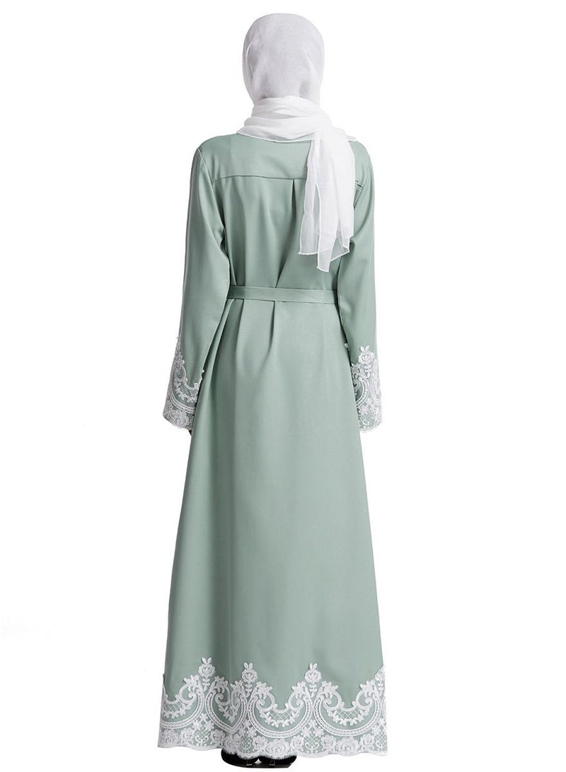 Loquat Woman's Lace Applique Shirt Collar Maxi Dress Long Sleeve Robe Dusty Green - Image 3