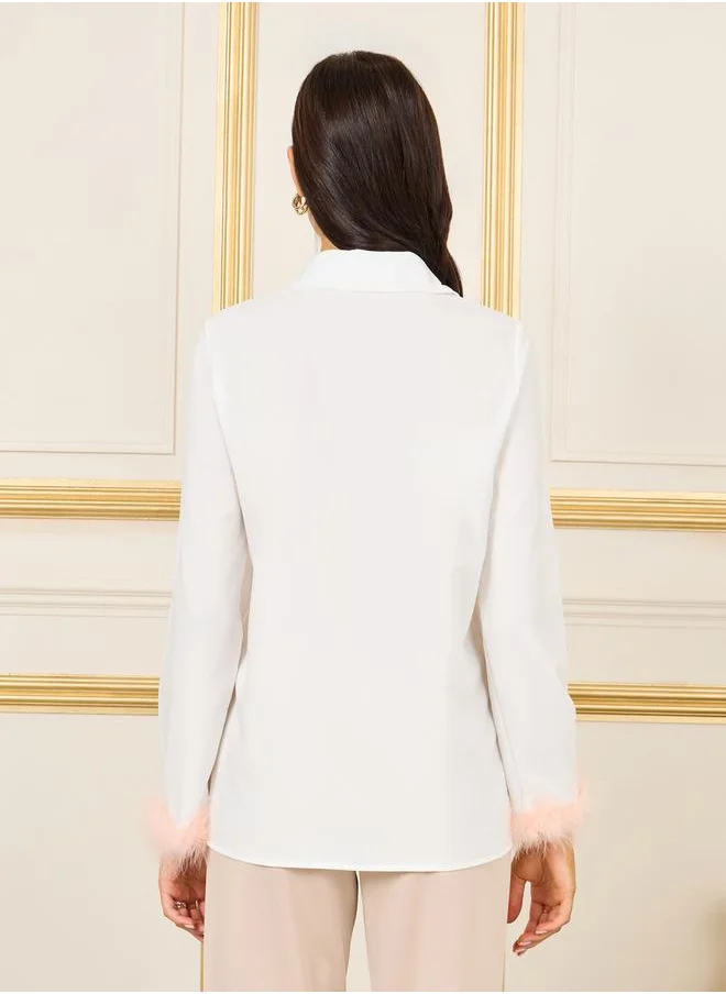 Styli Contrast Faux Fur Trim Sleeves Regular Fit Shirt