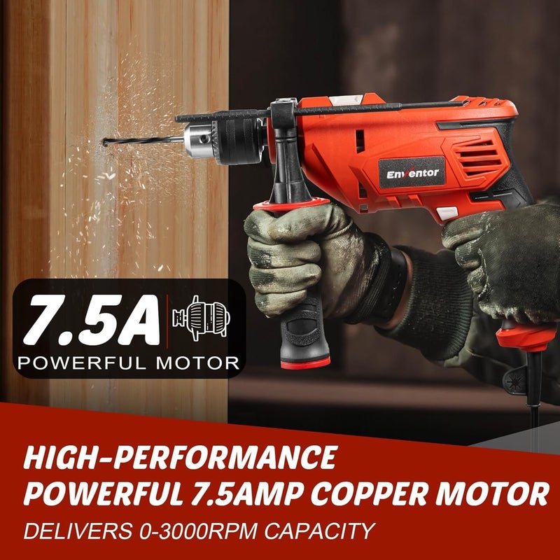 Enventor 7.5 Amp Hammer Drill  1/2 Inch Electric Hammer Drill  900W 0-3000Rpm Variable Speed  360 Auxiliary Handle  Lightweight Corded Hammer & Drill 2 In 1 Functions With 9Pcs Bit For Metal  Wood - Image 3