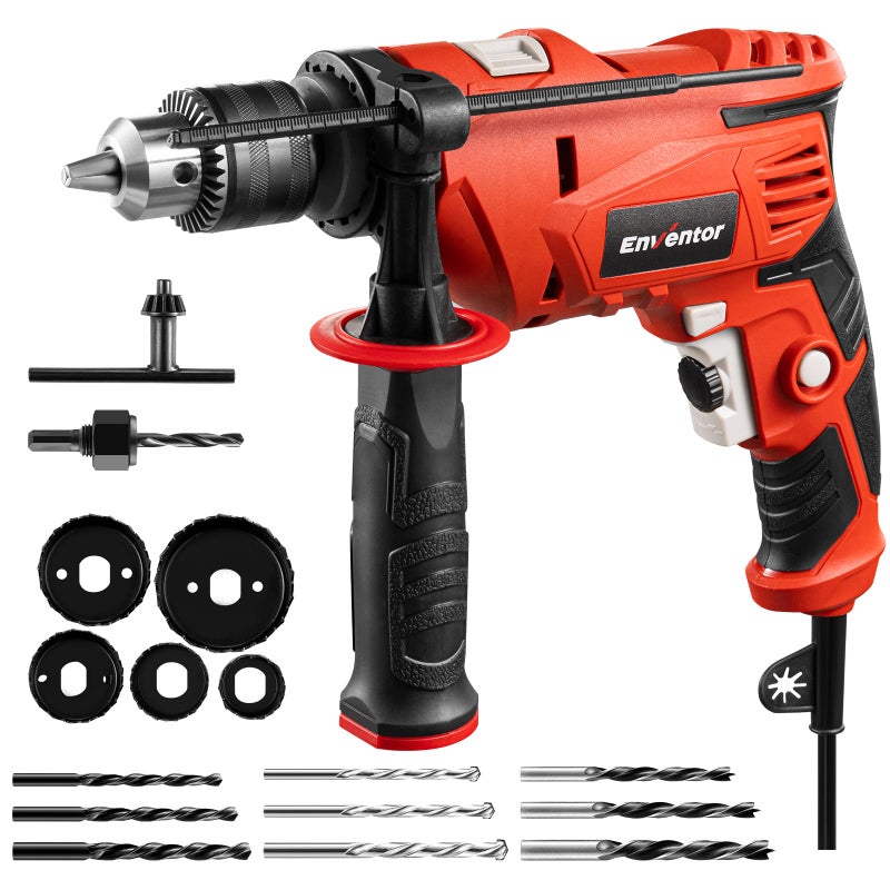Enventor 7.5 Amp Hammer Drill  1/2 Inch Electric Hammer Drill  900W 0-3000Rpm Variable Speed  360 Auxiliary Handle  Lightweight Corded Hammer & Drill 2 In 1 Functions With 9Pcs Bit For Metal  Wood - Image 1