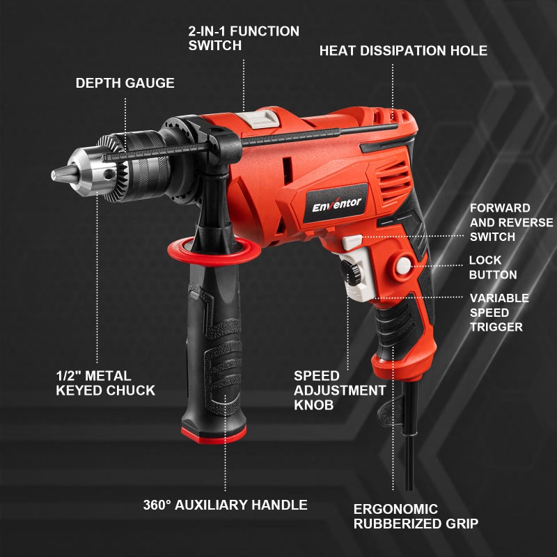 Enventor 7.5 Amp Hammer Drill  1/2 Inch Electric Hammer Drill  900W 0-3000Rpm Variable Speed  360 Auxiliary Handle  Lightweight Corded Hammer & Drill 2 In 1 Functions With 9Pcs Bit For Metal  Wood - Image 2