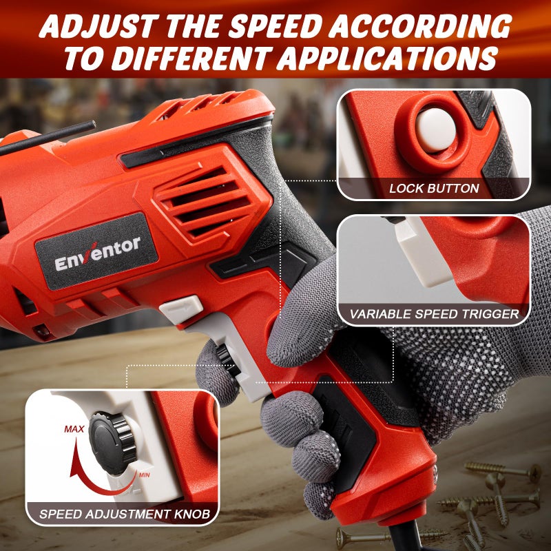 Enventor 7.5 Amp Hammer Drill  1/2 Inch Electric Hammer Drill  900W 0-3000Rpm Variable Speed  360 Auxiliary Handle  Lightweight Corded Hammer & Drill 2 In 1 Functions With 9Pcs Bit For Metal  Wood - Image 4