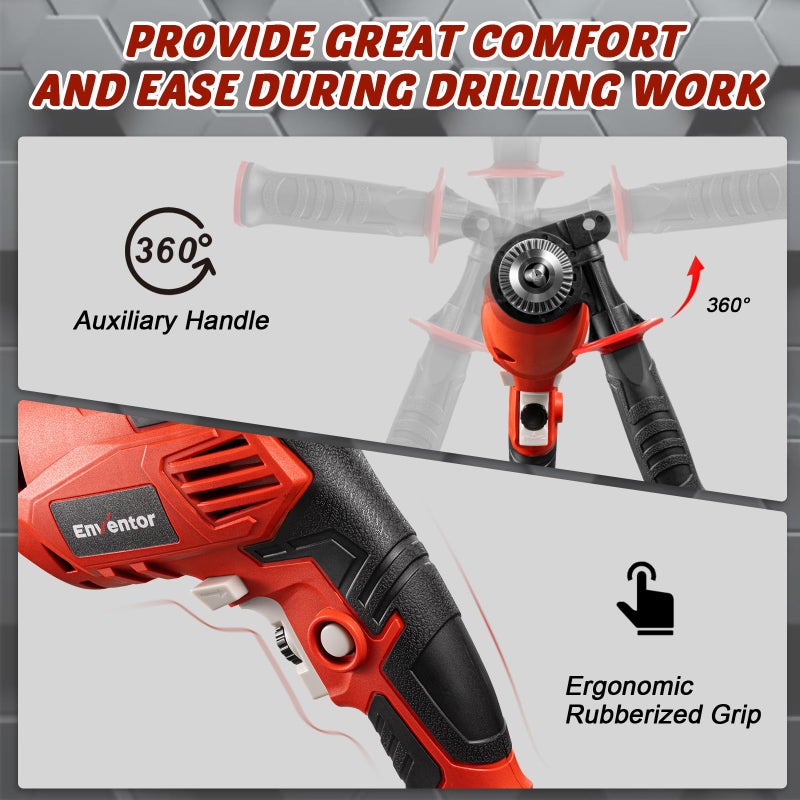 Enventor 7.5 Amp Hammer Drill  1/2 Inch Electric Hammer Drill  900W 0-3000Rpm Variable Speed  360 Auxiliary Handle  Lightweight Corded Hammer & Drill 2 In 1 Functions With 9Pcs Bit For Metal  Wood - Image 5