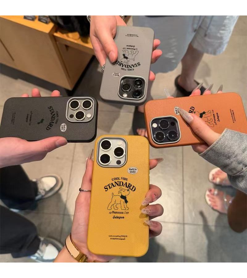 Leather Print Frame Gray New English Puppy Pattern Large Hole Electroplated Anti Fall Phone Case For iPhone 16 Pro - Image 1