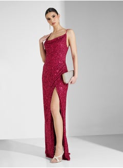 Maya Cowl Neck All Over Sequin Cami Maxi With Split  - Image 1
