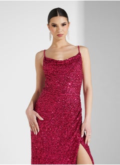 Maya Cowl Neck All Over Sequin Cami Maxi With Split  - Image 3