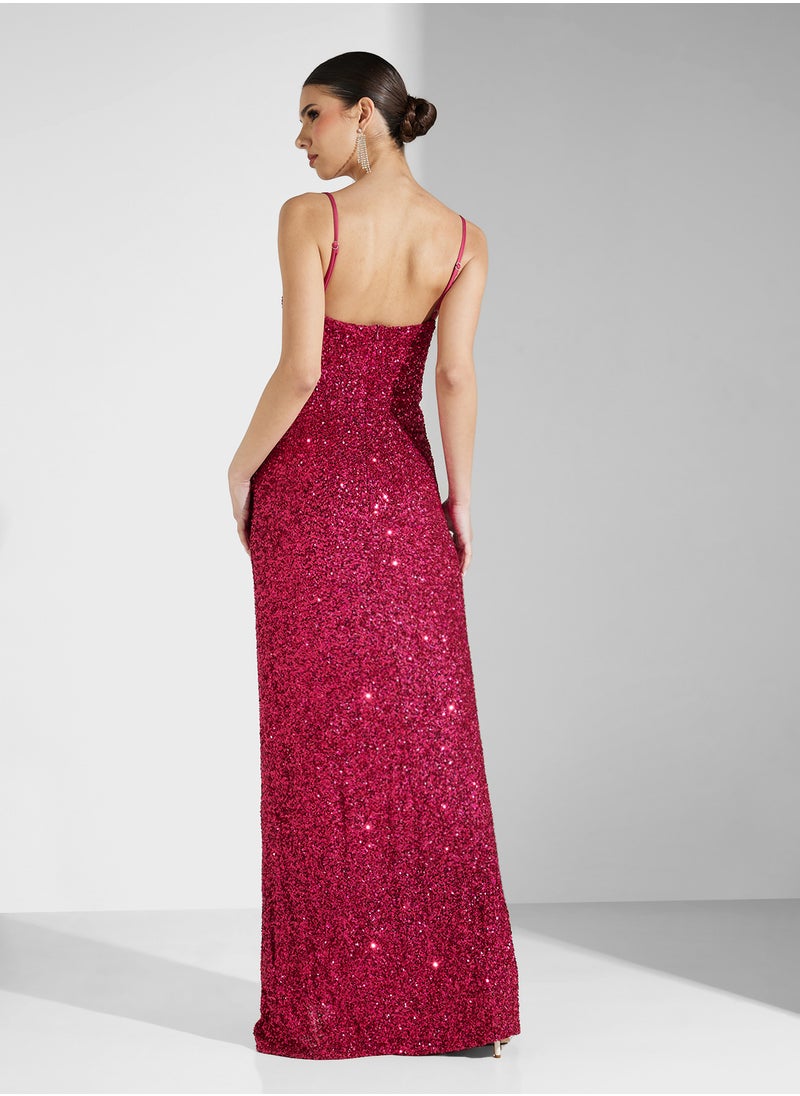 Maya - Cowl Neck All Over Sequin Cami Maxi With Split - Image 1
