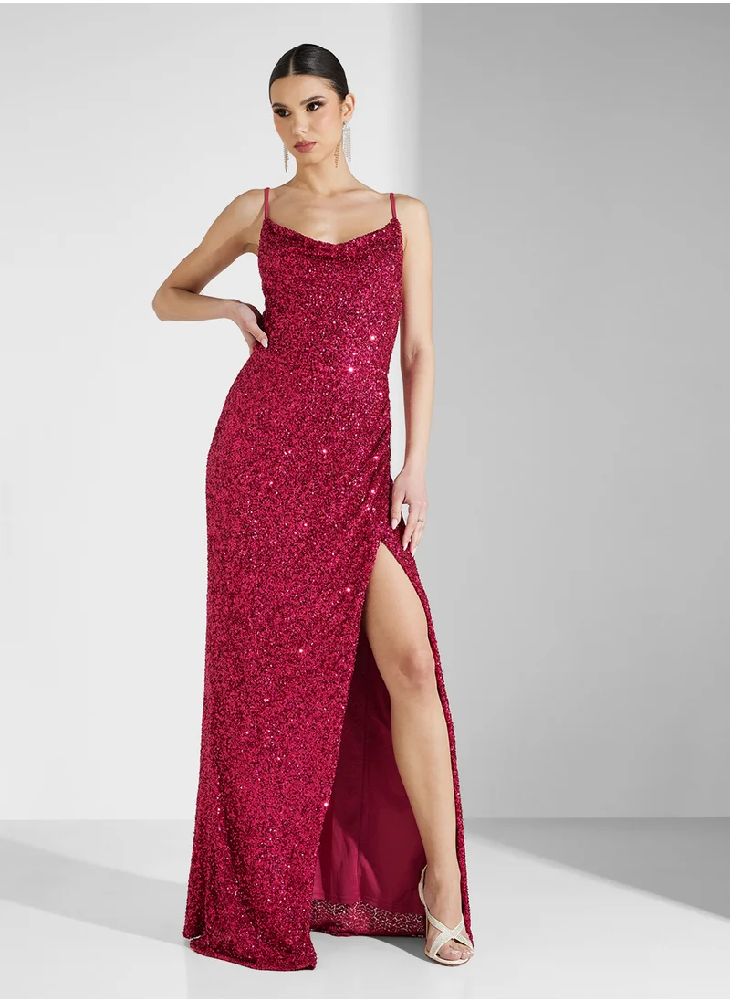 مايا Cowl Neck All Over Sequin Cami Maxi With Split