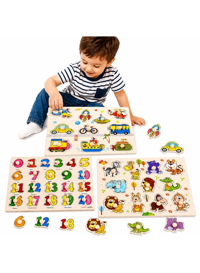 Twisoo Twisso 3pcs Mix Wooden 3D Peg Puzzle Set for Kids, Animal, Number & Vehicle Puzzle Boards, Montessori Educational Learning Toy, Fine Motor Skills, Hand Eye Coordination Activity for Boys & Girls - Image 1