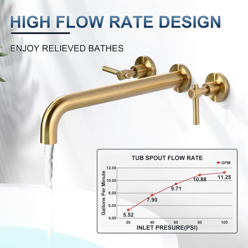 ALEASHA Wall Mount Tub Filler Tub Faucet High Flow Bathtub Faucets Two Handles Solid Brass, 12" Long Spout Reach, Brushed Gold - Image 2