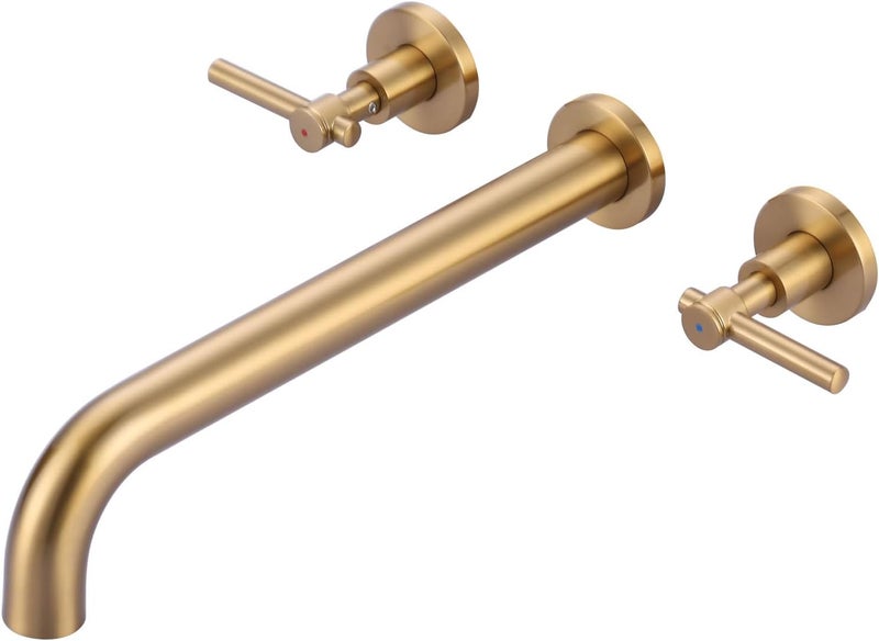 ALEASHA Wall Mount Tub Filler Tub Faucet High Flow Bathtub Faucets Two Handles Solid Brass, 12" Long Spout Reach, Brushed Gold - Image 1