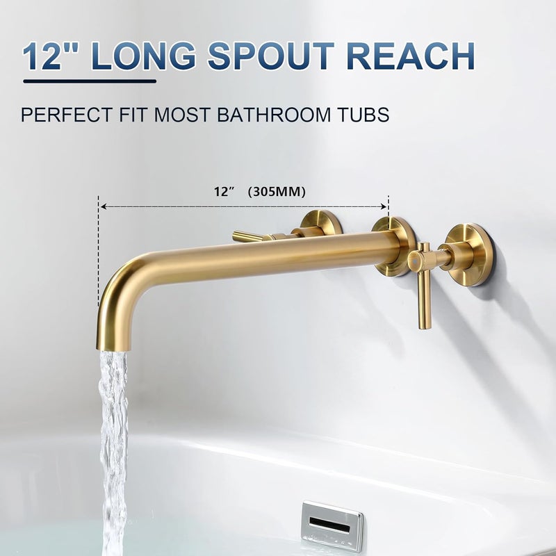 ALEASHA Wall Mount Tub Filler Tub Faucet High Flow Bathtub Faucets Two Handles Solid Brass, 12" Long Spout Reach, Brushed Gold - Image 5
