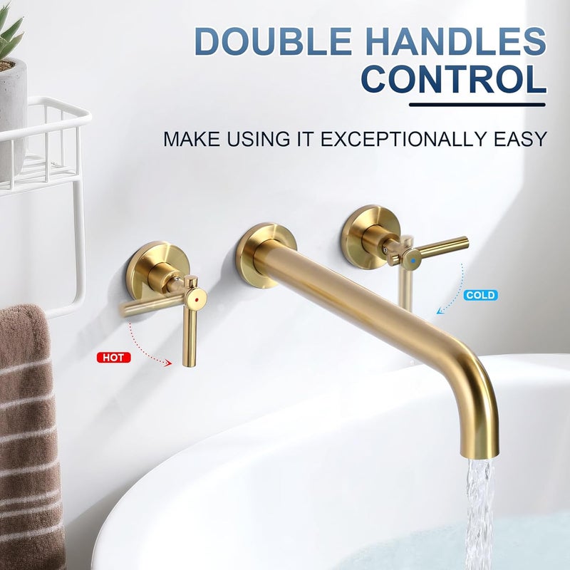 ALEASHA Wall Mount Tub Filler Tub Faucet High Flow Bathtub Faucets Two Handles Solid Brass, 12" Long Spout Reach, Brushed Gold - Image 3