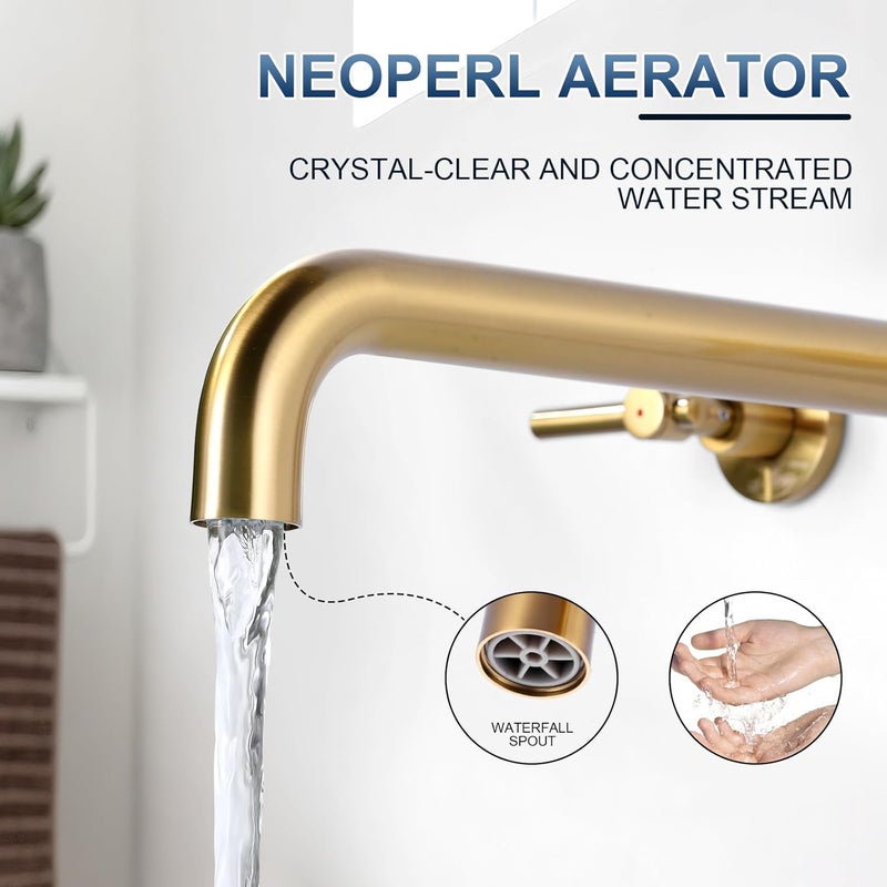 ALEASHA Wall Mount Tub Filler Tub Faucet High Flow Bathtub Faucets Two Handles Solid Brass, 12" Long Spout Reach, Brushed Gold - Image 4