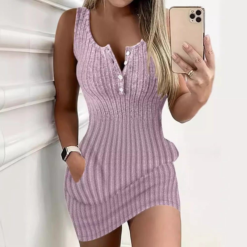 فستان نسائي بدون أكمام، ضيق بقصّة الريب، محبوك - Image 3