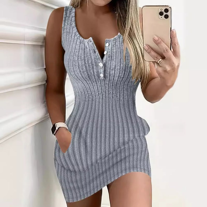 فستان نسائي بدون أكمام، ضيق بقصّة الريب، محبوك - Image 4