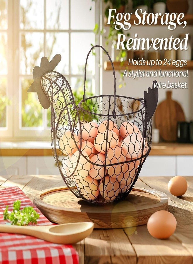 Flexzion Chicken Egg Basket for Collecting Eggs, Small Wire Egg Collecting Basket with Handle for Eggs, Fruits, Vegetables, Farmhouse Rustic Style Chicken Basket Decor for Kitchen Countertop, Brown - Image 2