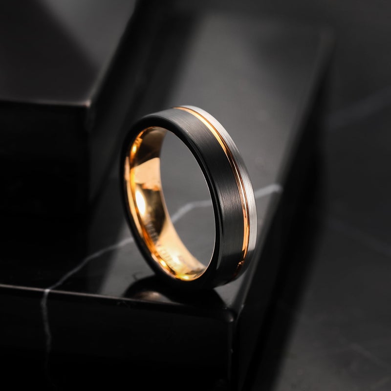 King Will Tungsten Carbide Wedding Band 6mm Rose Gold Line Ring Black and Silver Brushed Comfort Fit 11 - Image 3