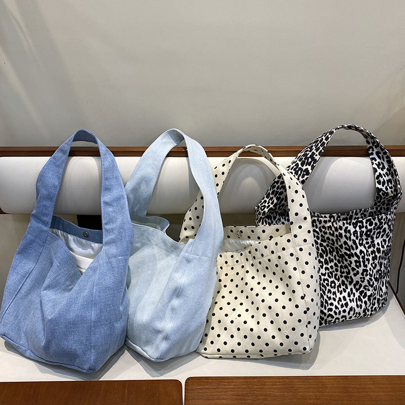 Korean Style Niche Ins Denim Canvas Bag Casual Simple Cloth Bag Large Capacity Student Shoulder Tote Bag Polka Point Bag - Image 2