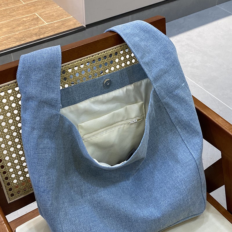 Korean Style Niche Ins Denim Canvas Bag Casual Simple Cloth Bag Large Capacity Student Shoulder Tote Bag Polka Point Bag - Image 5