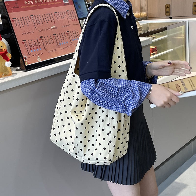 Korean Style Niche Ins Denim Canvas Bag Casual Simple Cloth Bag Large Capacity Student Shoulder Tote Bag Polka Point Bag - Image 3