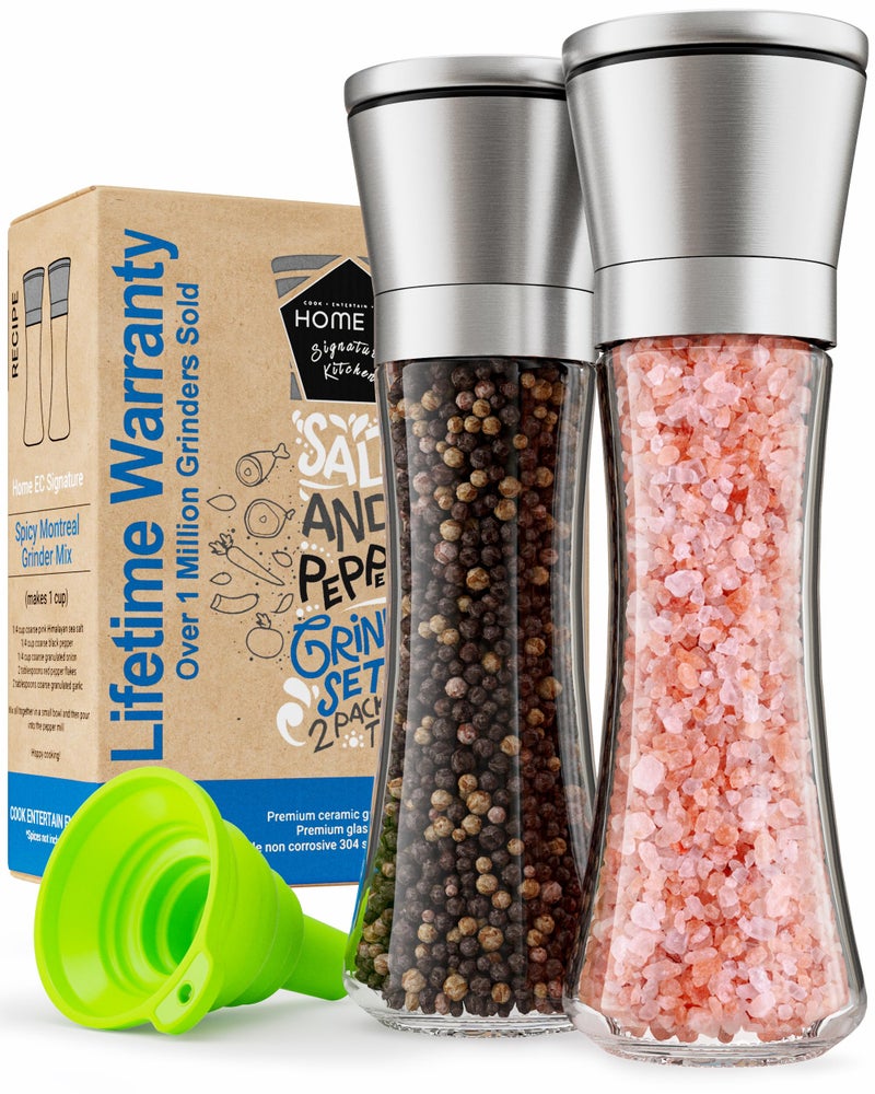 HOME EC Premium Stainless Steel Salt and Pepper Grinder Set of 2 - Adjustable Ceramic Sea Salt Grinder & Pepper Grinder - Tall Glass Salt and Pepper Shakers - Pepper Mill & Salt Mill with Free Funnel & EBook - Image 5