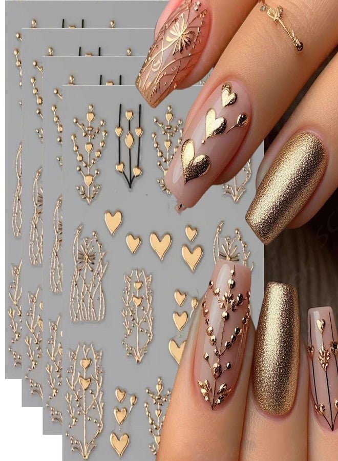UCCASA 4Sheets Heart Nail Decals for Nail Art Self-Adhesive Bronzing Heart Stickers 3D Golden Heart Tree Nail Art Stickers Fall Nail Design Manicure Nail Sliders Supplies for Women Decoration - Image 1