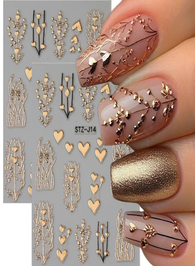 UCCASA 4Sheets Heart Nail Decals for Nail Art Self-Adhesive Bronzing Heart Stickers 3D Golden Heart Tree Nail Art Stickers Fall Nail Design Manicure Nail Sliders Supplies for Women Decoration - Image 2