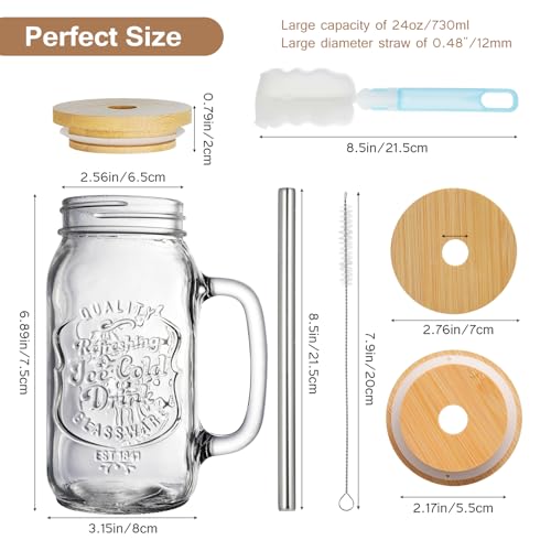 EABOSON 4 Pack 24oz Mason Drinking Jars with Lids and Straws, Iced Coffee Cup with Handle and 3 Brushes, Glass Mugs Ideal for Cold Beverages, Juice, Smoothie, Cocktails - Image 2