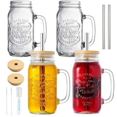 EABOSON 4 Pack 24oz Mason Drinking Jars with Lids and Straws, Iced Coffee Cup with Handle and 3 Brushes, Glass Mugs Ideal for Cold Beverages, Juice, Smoothie, Cocktails - Image 1