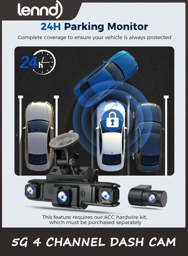 LENND 360 View 4 Channel Dash Cam Front and Rear Left Right Inside Camera for Cars, GPS and 5G Band WiFi, Night Vision, 160 Wide Angle, WDR, 24H Parking Mode, Supercapacitor, Included 128GB Card - Image 4