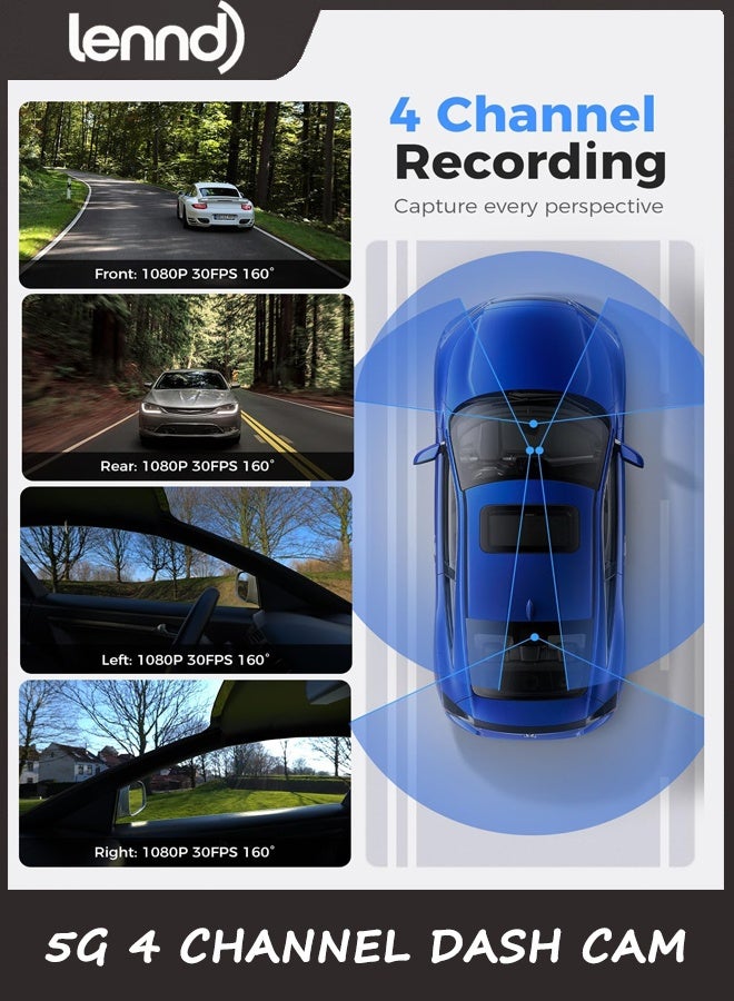 LENND 360 View 4 Channel Dash Cam Front and Rear Left Right Inside Camera for Cars, GPS and 5G Band WiFi, Night Vision, 160 Wide Angle, WDR, 24H Parking Mode, Supercapacitor, Included 128GB Card - Image 2
