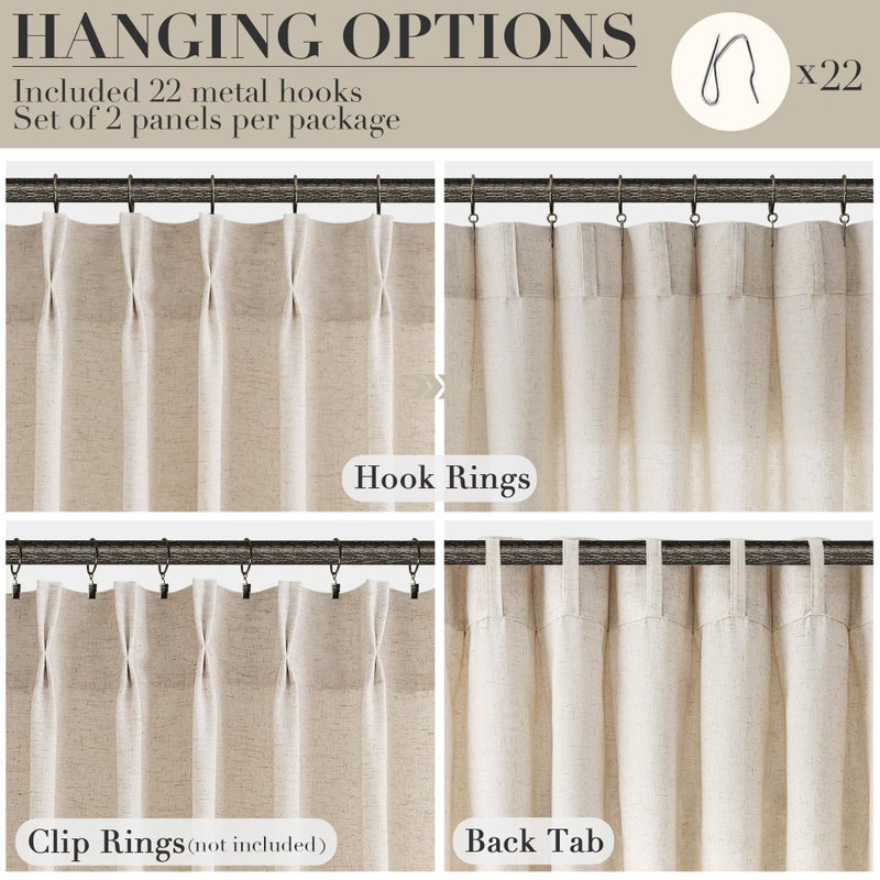 Joywell Cream Beige Pinch Pleated Linen Curtains 84 Inch Length 2 Panels for Living Room Bedroom Semi Sheer Pleat Drapes with Hooks Neutral Farmhouse Light Filtering Privacy Window Curtain 84 Inches Long - Image 3