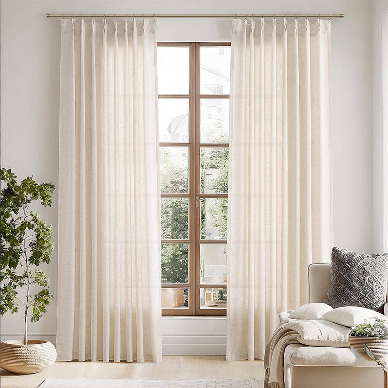 Joywell Cream Beige Pinch Pleated Linen Curtains 84 Inch Length 2 Panels for Living Room Bedroom Semi Sheer Pleat Drapes with Hooks Neutral Farmhouse Light Filtering Privacy Window Curtain 84 Inches Long - Image 2