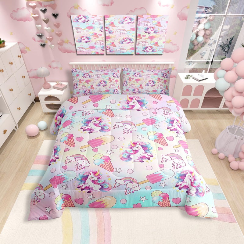 Man Fei Manfei Dreamy Unicorn Bedding Comforter Sets Twin Girly Watercolor Ice Cream Rainbow Bedding Set for Bedroom Decor Colorful Gradient Starry Sky with 1 Comforter and 1 Pillow Case Bedroom Decor - Image 4