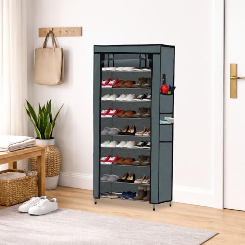 ROBMOB Metal Shoe Stand with Cover, 9 Tier Shoe Organiser for Home & Office - Grey - Image 1