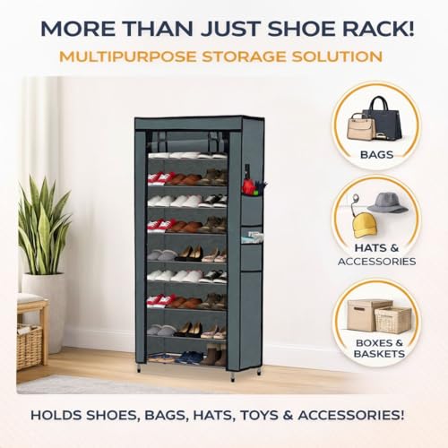 ROBMOB Metal Shoe Stand with Cover, 9 Tier Shoe Organiser for Home & Office - Grey - Image 2