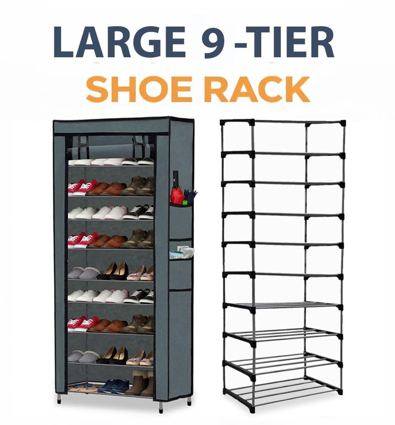 ROBMOB Metal Shoe Stand with Cover, 9 Tier Shoe Organiser for Home & Office - Grey - Image 4