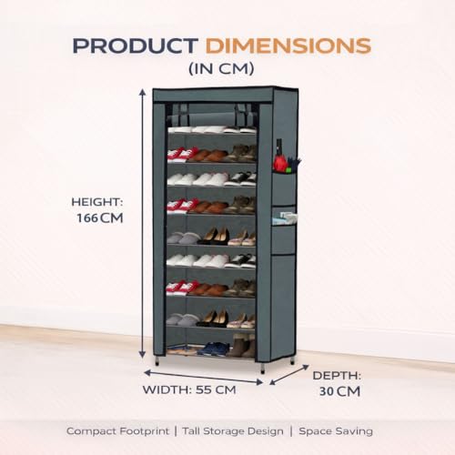 ROBMOB Metal Shoe Stand with Cover, 9 Tier Shoe Organiser for Home & Office - Grey - Image 5