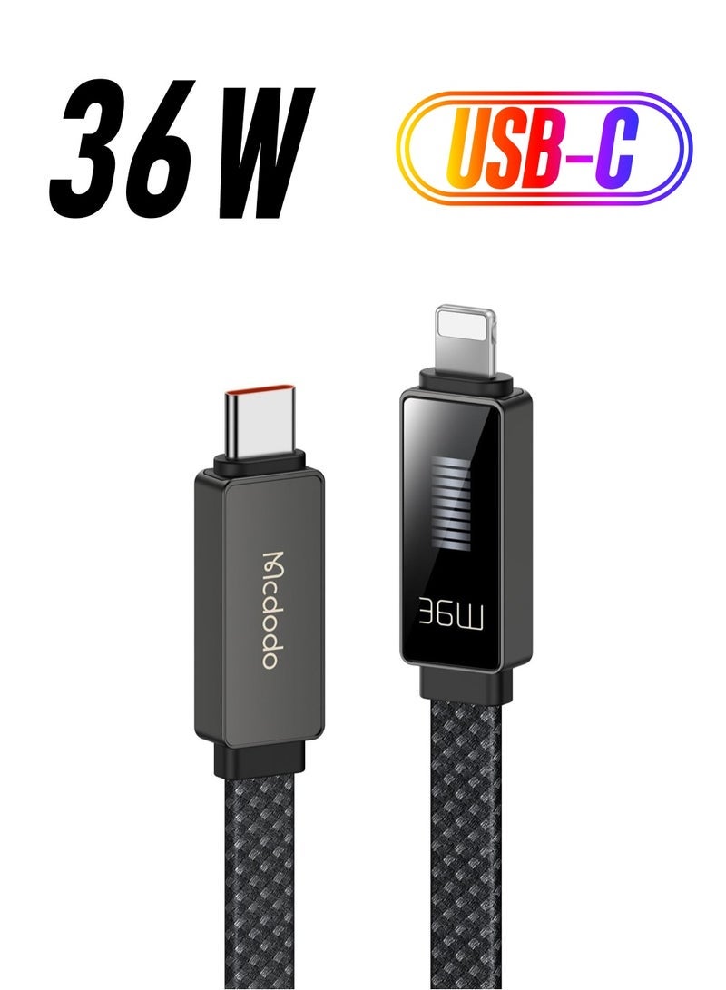 Mcdodo USB-C to Lightning Cable (1.2m) – Rhythm Screen Display, 36W PD Rapid Charging, Compatible with iPhone & iOS Devices (Black) - Image 1