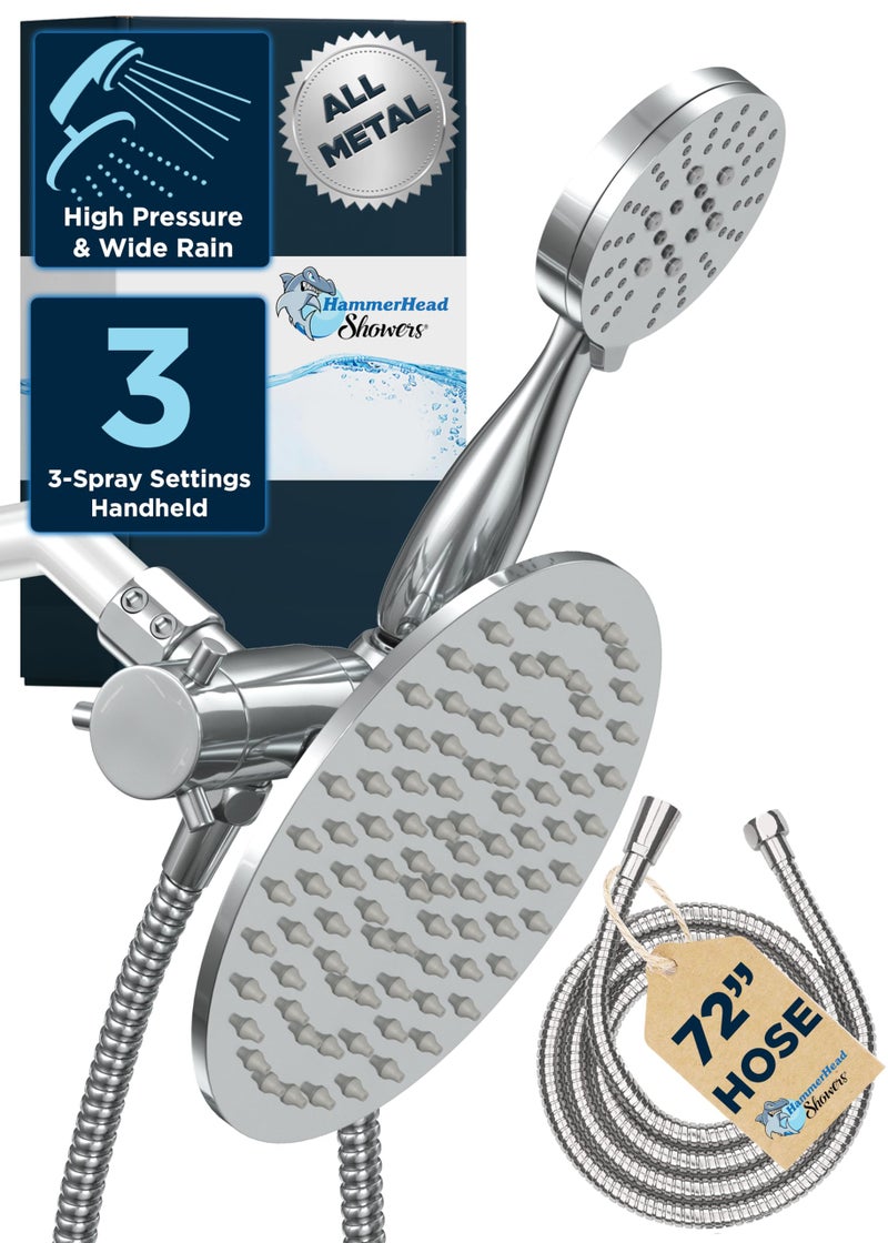 HammerHead Showers Dual Shower Head Combo 8Inch Rainfall 3Flow Handheld Chrome 25 GPM