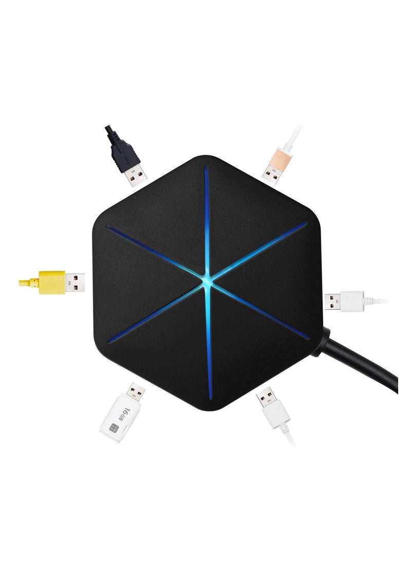 SYOSI - USB Hub, 6-Port USB 2.0 Hub USB Extension Cable Blue LEDs Extra USB Ports, Safety Circuit Fit for Laptop Computer Desktop, PC, PS4, DELL, HP, Mac, Lenovo, Supports Various Different Interfaces - Image 1