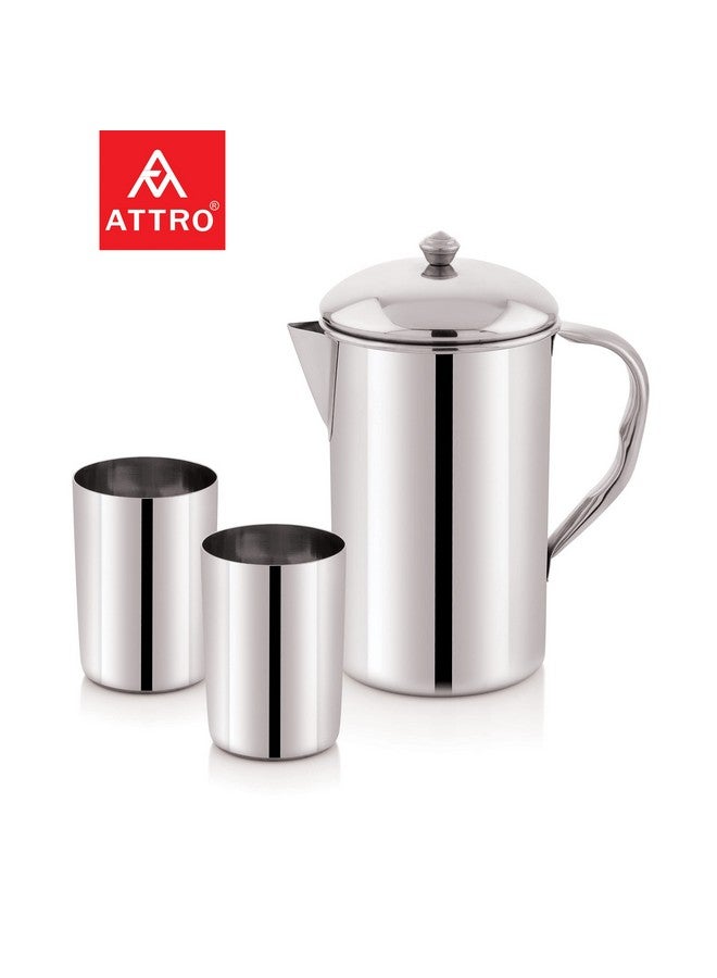 Attro Stainless Steel Jug Set with 2 Glass with Lid, Look Perfect on Dinning Table 1500 ml - Silver - Image 2
